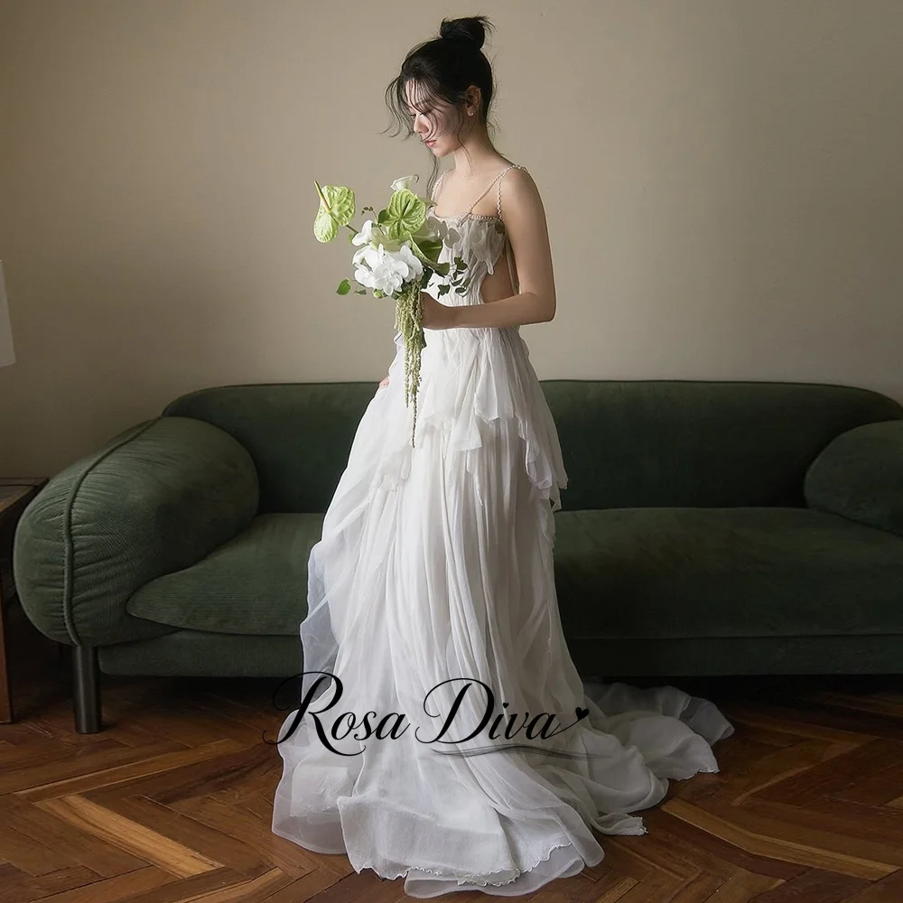 Rosa Diva Modern A Line Wedding Dress Beaded Spaghetti Straps Off Shoulder Long Sleeve Ruffled Chiffon Bridal Gown Customized