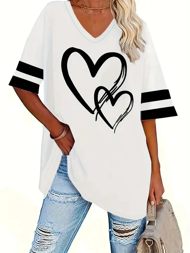 2024 Plus Size Heart & Stripe Print T-Shirt Casual Short Sleeve Top For Spring & Summer Women\'s Plus Size Clothing