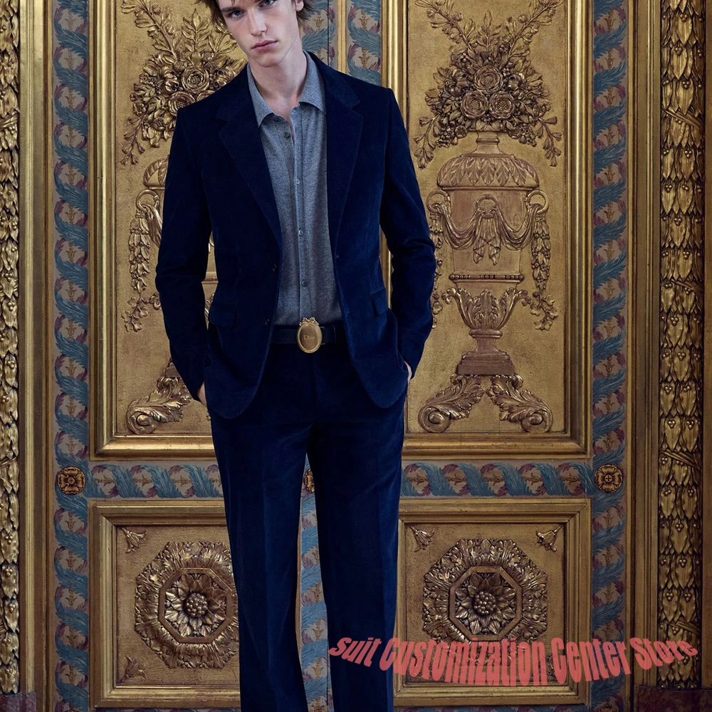 

Elegant Men's Navy Blue Velvet Suit Retro Slim Fit Jacket+Pants Set Classic Formal Outfit for Dinner & Evening Events