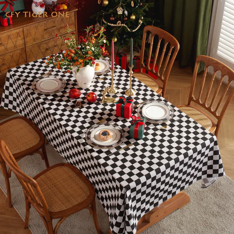 

American Style Cotton Linen Black and White Checkered Rectangle Rectangular Tablecloth with Tassel Dining Table Cover Tea Cloth