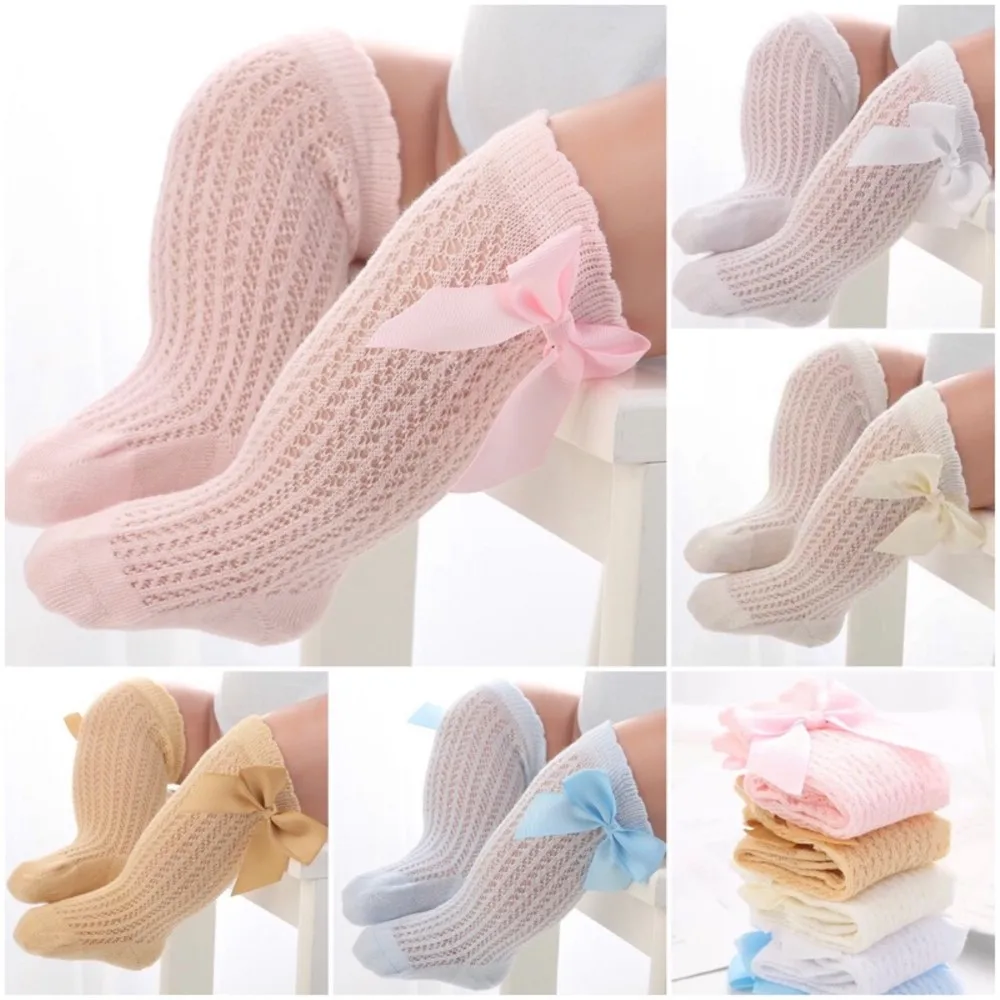 Baby Girl Socks Knee high Bow Baby Summer Mesh Breathable Long Socks Pure Color  Knee-high Sock With Bowknot Infant