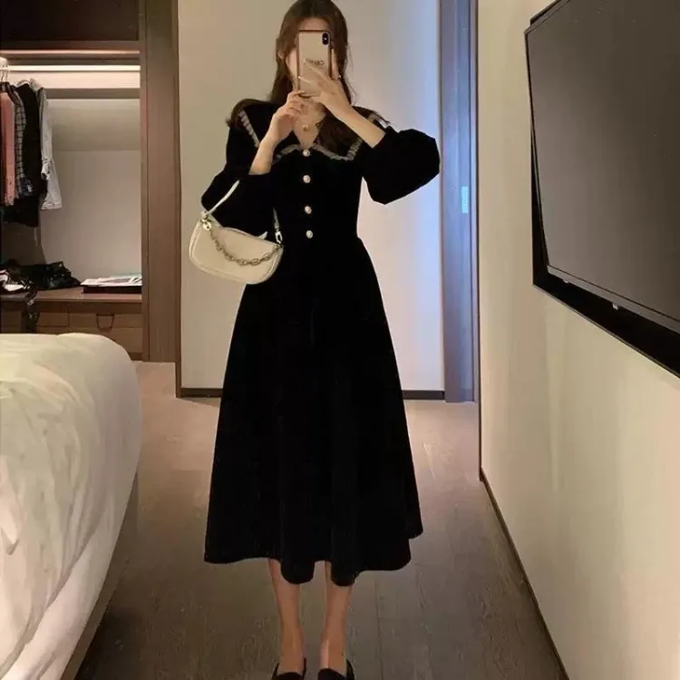 Sweet Vintage Black Peter Pan Collar Dresses Autumn New Slim Waist Dress for Women Y2k E-Girl Long Sleeve Vestidos Mujer