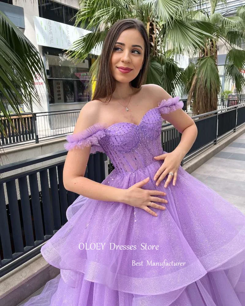 OLOEY Glitter Lavender Evening Dresses Off Shoulder Ruffles Floor Length Prom Gowns Pageant Formal Party Dress Dubai Women