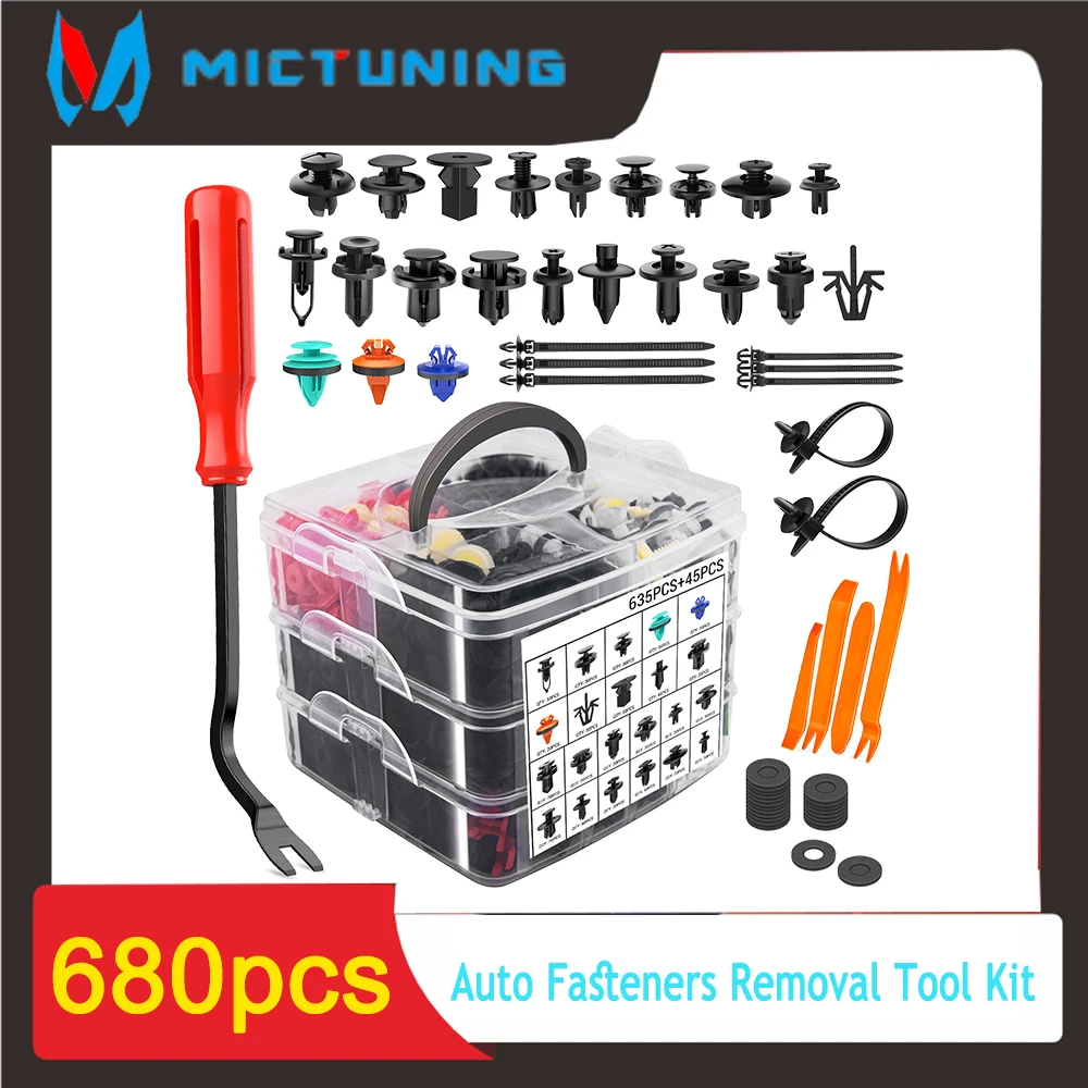 

MICTUNING 680pcs Auto Fasteners Removal Tool Kit, 22 Popular Size Nylon Bumper, Universal Cable Ties for Ford GM Chrysler Honda