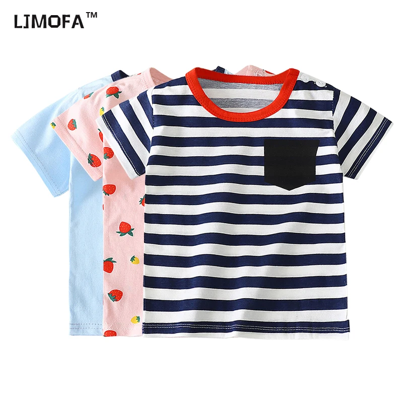 

LJMOFA Kids Shirts T-Shirt For Children's Children Girls Boys Sweet Cotton Cartoon Tops Clothing Black And White Stripes D123