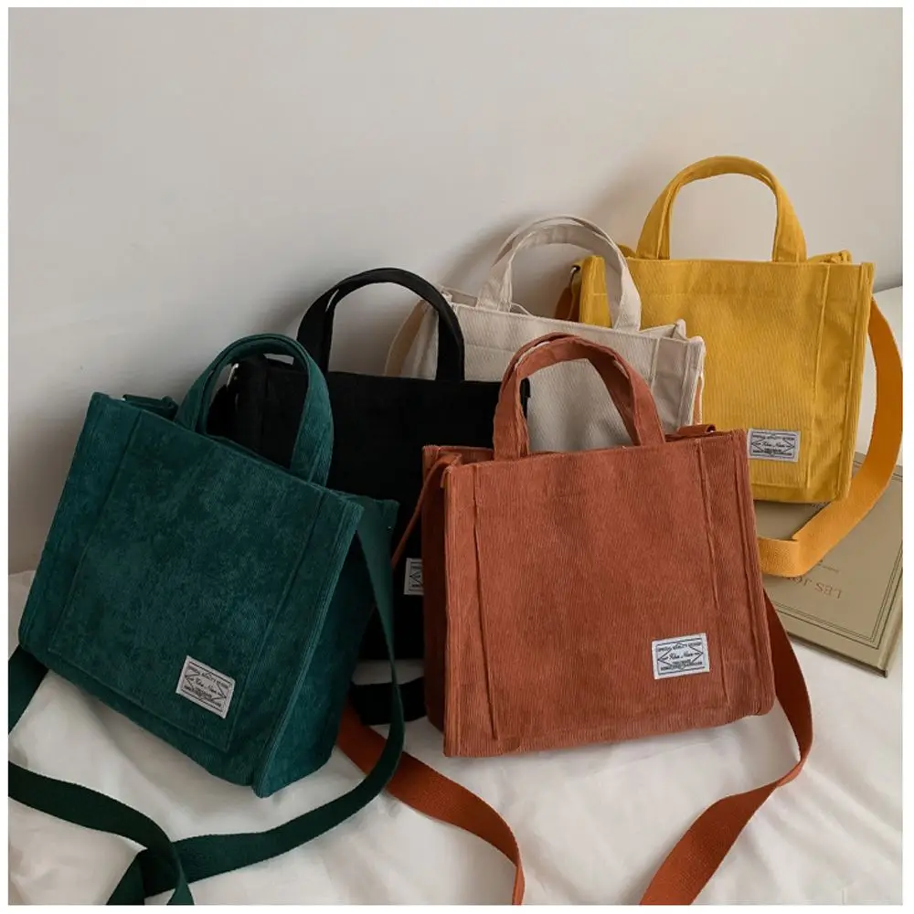 

Хлопковая винтажная вельветовая повседневная сумка-тоут, сумка через плечо на молнии, парусиновая сумка