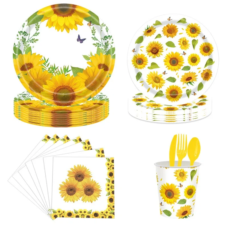 10Guests Sunflower Disposable Tableware Spring Flower Butterfly Paper Plate Napkin Tablecover Happy Girls Birthday Party Decor