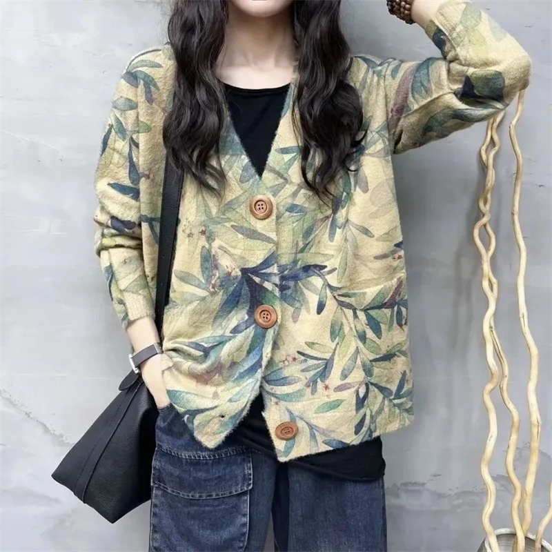 Autumn Female Printing Cardigan Knitting 2024 Women V-neck  Lmitation Mink Fur Retro Style Lady Large Size 4XL Printing Sweaters