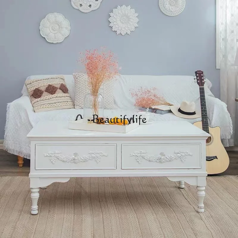 طاولة قهوة فرنسية كلاسيكية من الخشب الصلب لغرفة المعيشة طاولة قهوة منحوتة طاولة صغيرة قديمة بيضاء أمريكية