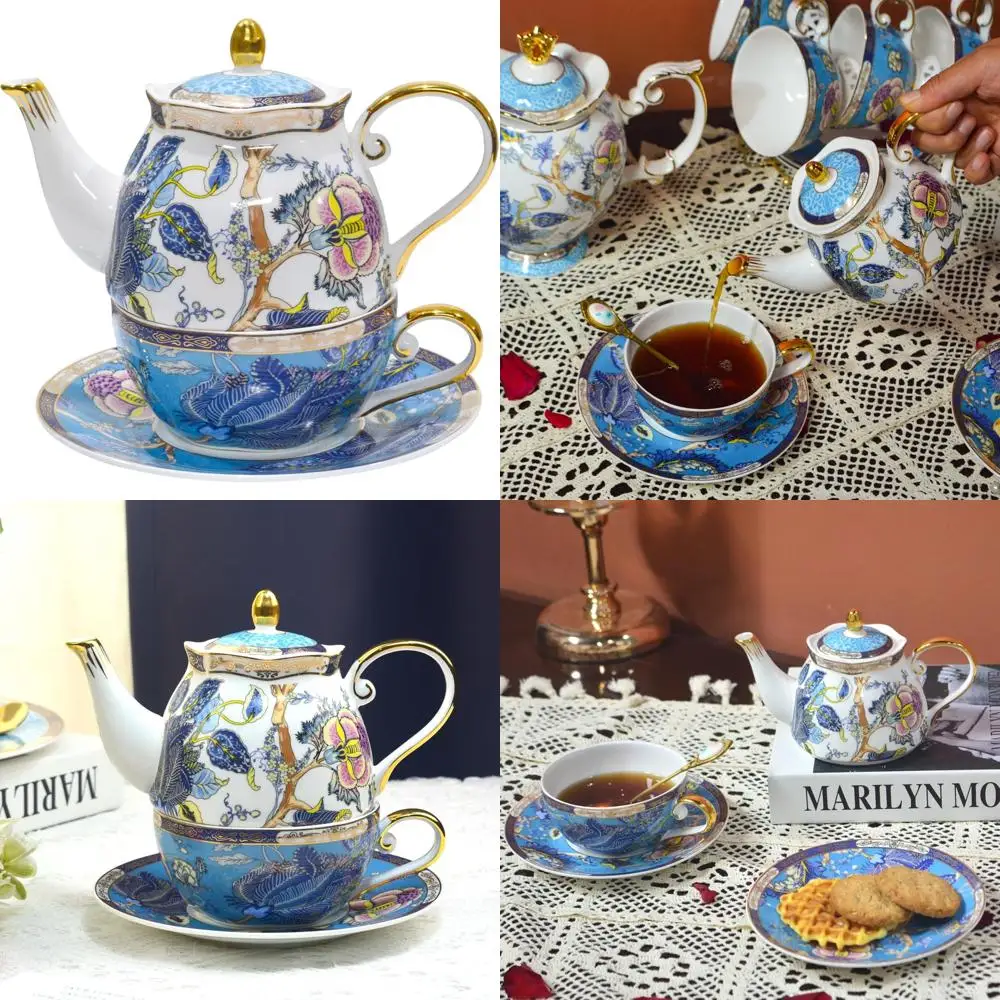 

Винтажный чайный сервиз из костяного фарфора с цветочным принтом для одного, фарфоровый чайник и чашка, идеальный подарок для женщин, элегантный чайный компаньон