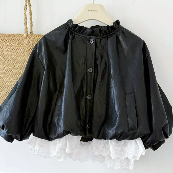

Girls Coat 2025 Autumn New Children's Clothing Korean Style Girls Baby Fashion Lace Splicing Leather Casual Simple All Match