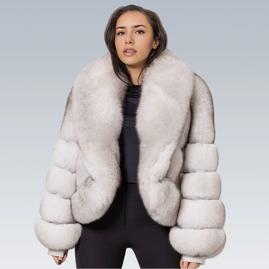 سترة من فراء الثعلب الطبيعي مع ياقة كبيرة معطف فرو الثعلب الأبيض المقصوص سترة منفوخة سترة جلدية نسائية فاخرة