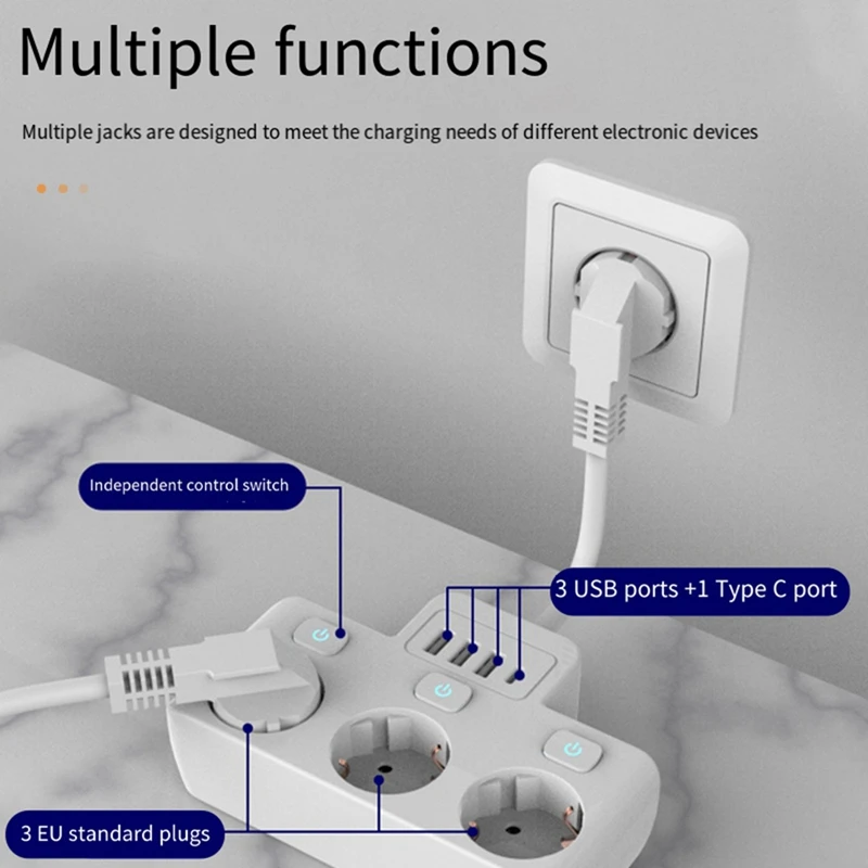 1 Piece EU Plug Socket With Switch Power Strip Eu Standard Socket Converter White PP 0.05M Braided Cable