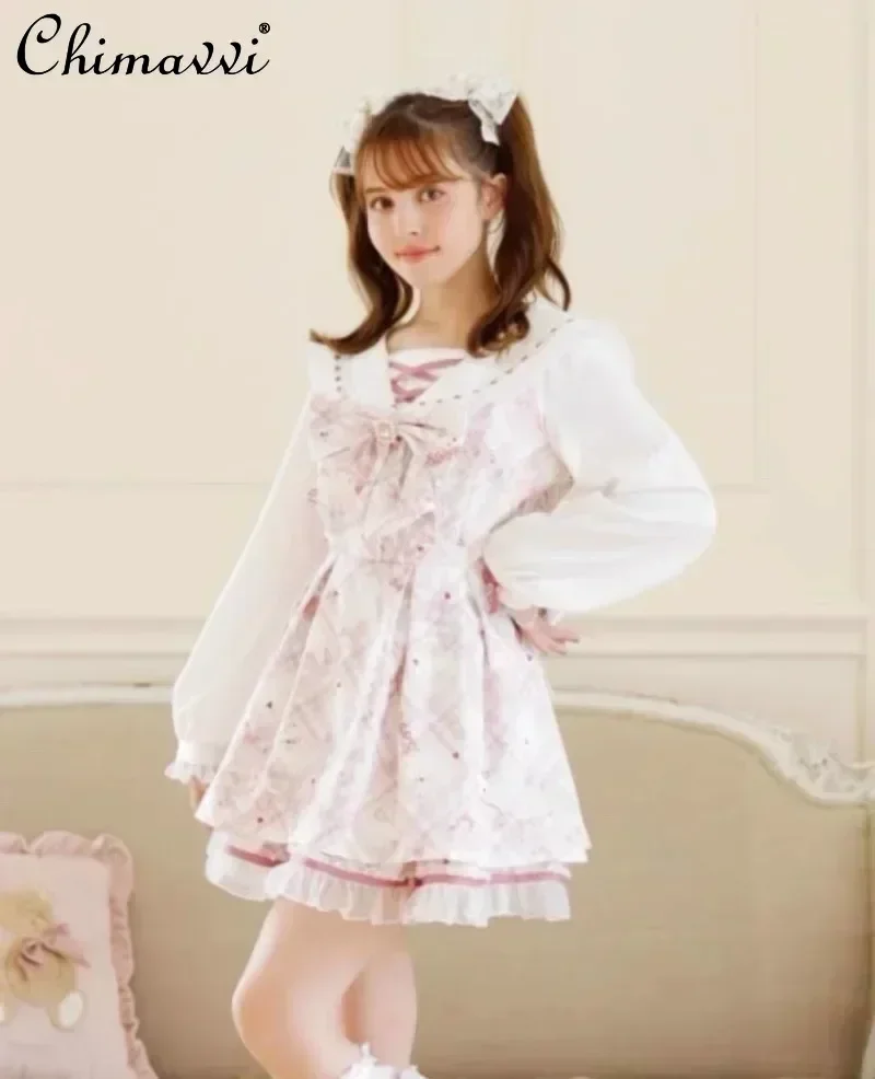 Liz Japanese Mine Dress Set 2025 Spring New Sweet and Cute Bow Bear Long Sleeve Lolita Dress Top and Shorts Kawaii Two-piece Set