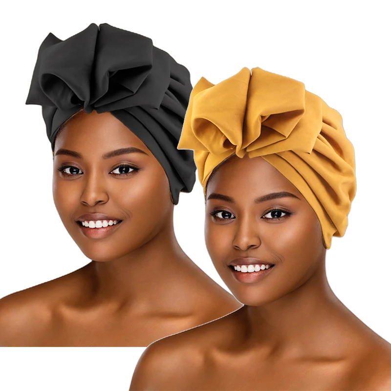 2PCS/LOT Women\'s Hijabs Turban Muslim Large Bow Headscarf African Head Wraps French Retro Flower Head Cap Ladies Beanies Caps