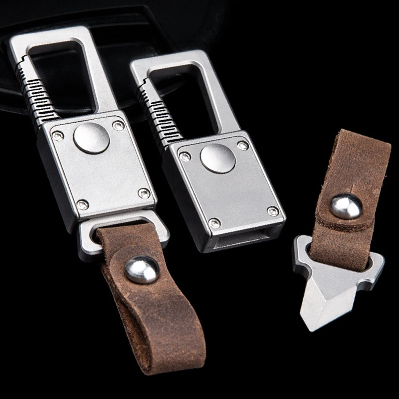 

High Quality Titanium Alloy Men Car Key Mad Cowhide Rope Belt Pendant Keychain Chain Portable Removable Sharp Knife EDC Tools