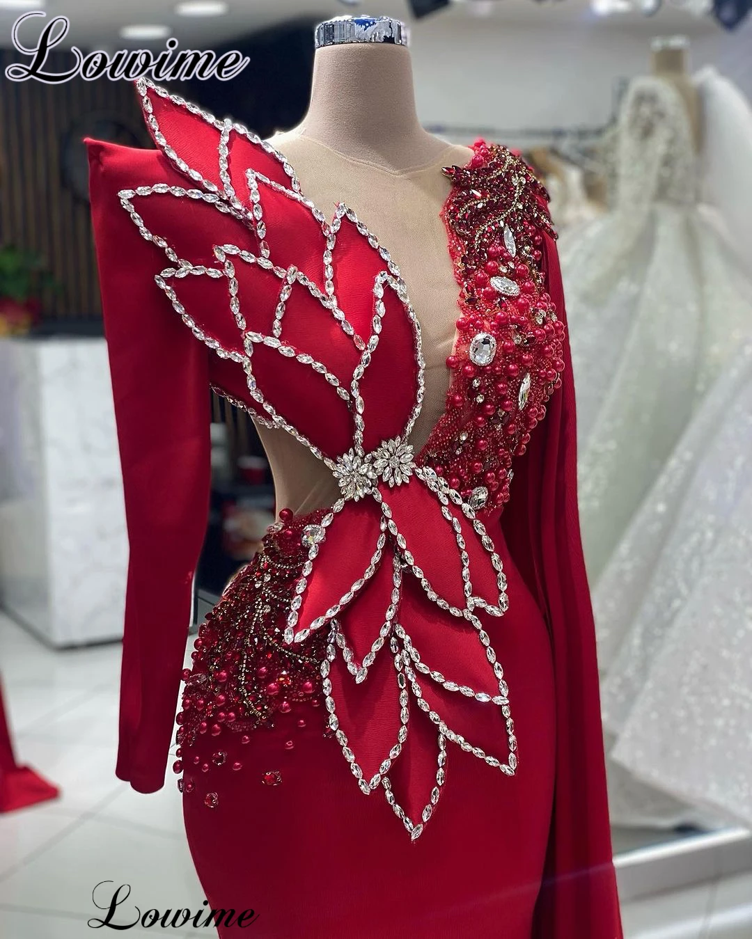 2024 Red Crystals Celebrity Dresses For Women Long Sleeves Evening Gowns Pearls Special Occasion Dresses Vestidos De Gala