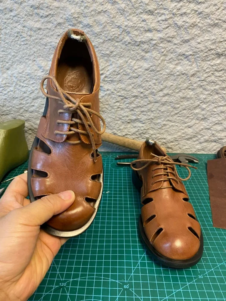 Fashion Lady Roman Style Breathable Hollow Out Leisure Horsehide Genuine Leather Footwear Comfortable Lace Up High Heels Sandals