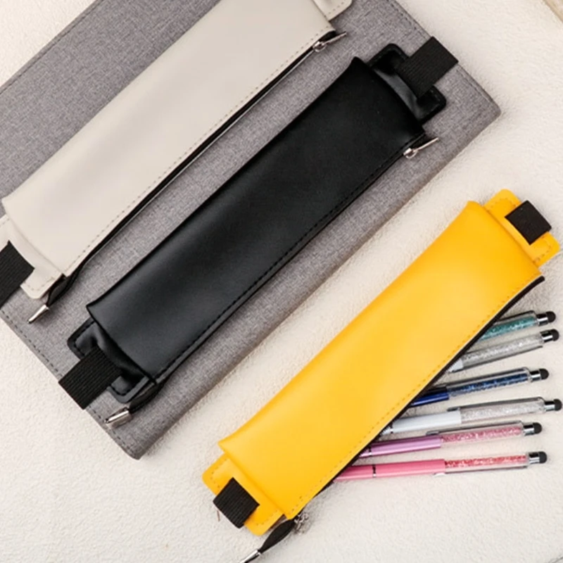 Adjustable Elastic Bands Pen Holder for Notebook, Colorful PU Leather Pen Case Zippered Pen Sleeve for Journal Planner