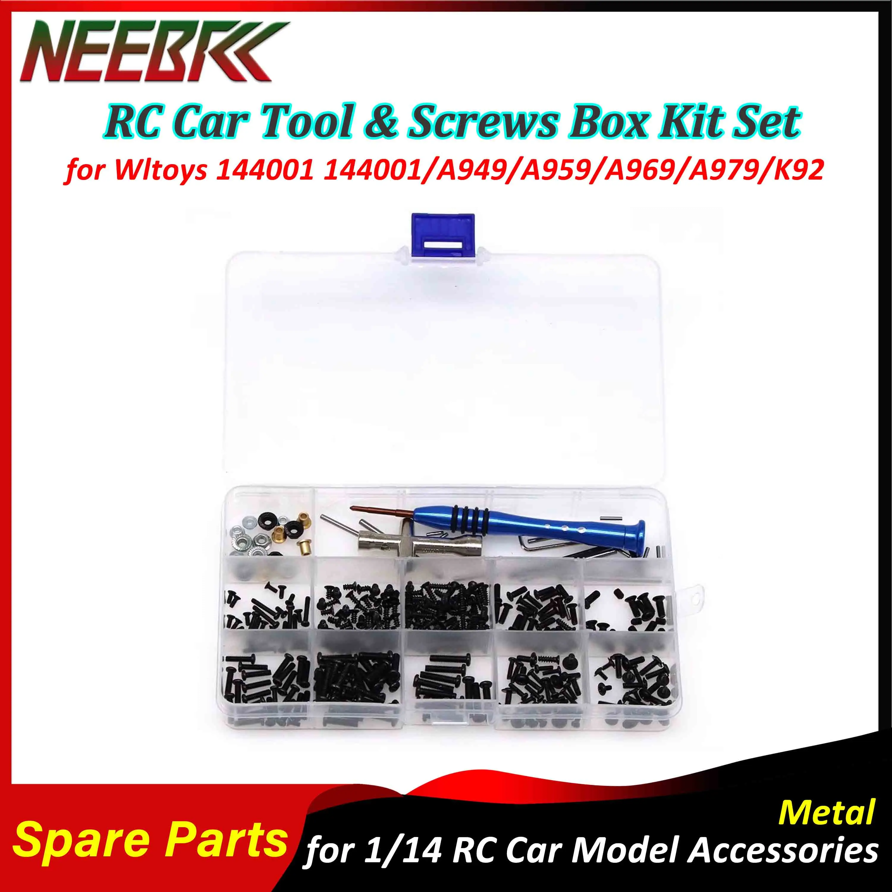 

NEEBRC RC Car Tool & Screws Box Kit Set Metal Spare Part for Wltoys 144001/A949/A959/A969/A979/K92 1/14 RC Car Model Accessories