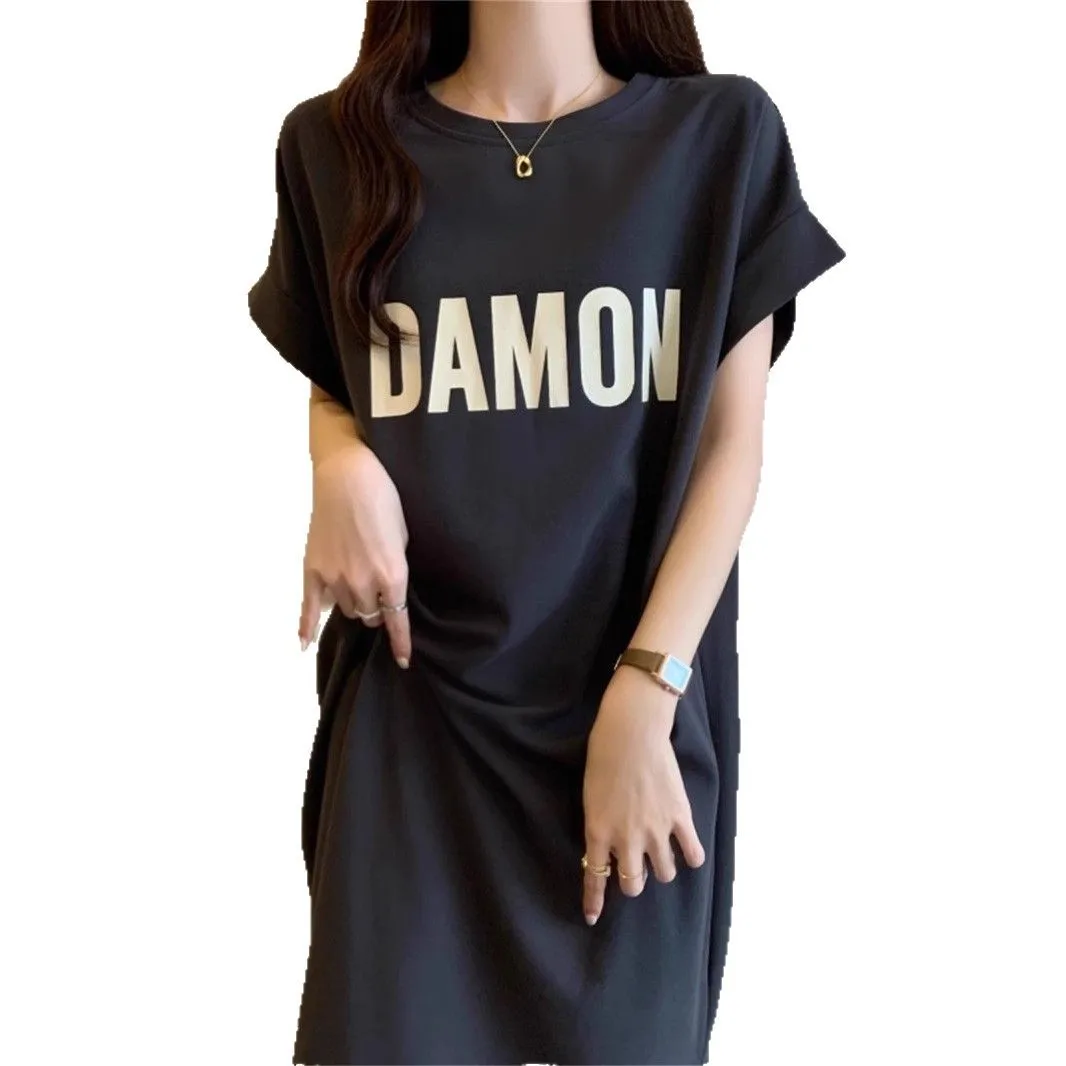 Women's Loose Letter Print T-Shirt Dress Summer Casual Short Sleeve Midi Dress Oversized Streetwear Female Long Dress