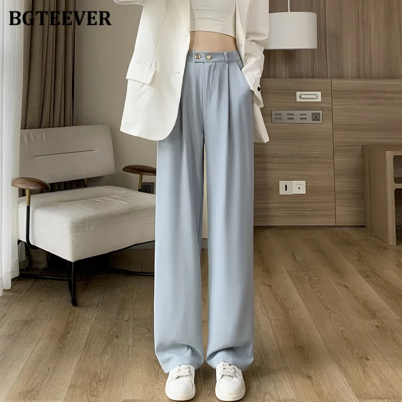 BGTEEVER Stylish Loose Buttons Women Wide Leg Pants Elegant High Waist Pockets Floor-Length Straight Ladies Trousers Autumn