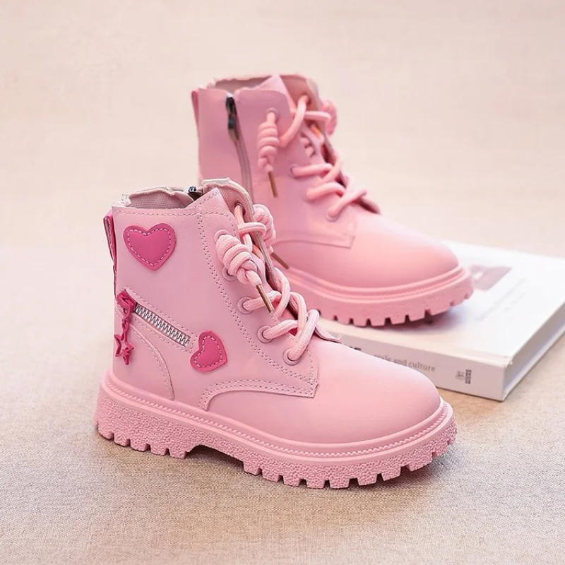 

Girls Boots Kids Fashion Rubber Boots Cool Girl Autumn and Winter Cotton Soft Sole Pink with Love Side Zip Princess Round-toe PU