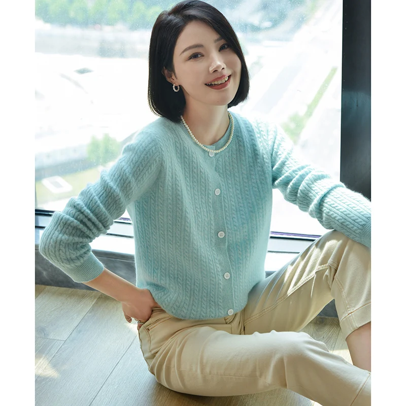 Cashmere sweater autumn/winter new 100% pure wool cardigan casual knitted sweater round neck Tops ladies loose Blouse Coat