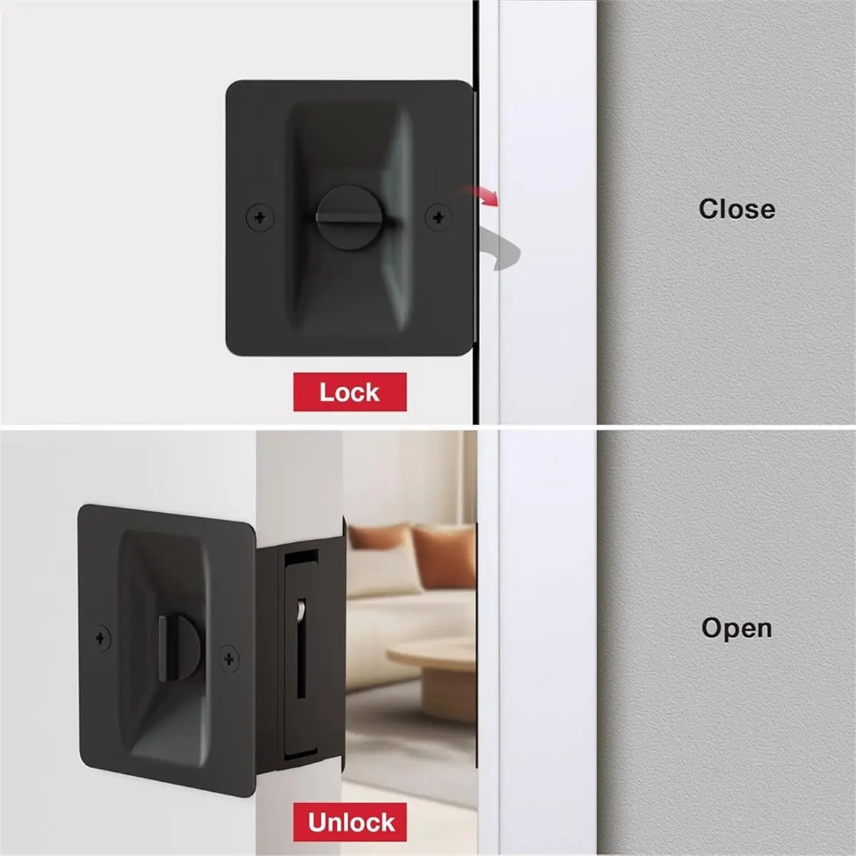 DT38 Matte Black Pocket Door Lock, 2-Pack Privacy Pocket Door Hardware, 2-3/4''X2-1/2'', for 1.38''-1.77'' Thickness Door