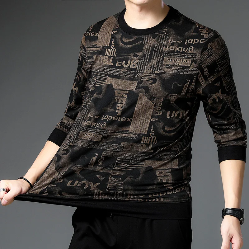 Spring Autumn Men\'s Trend Long Sleeve Printing T-shirt Fashionable Vintage All-match Handsome O-Neck Loose Tops Male Clothes