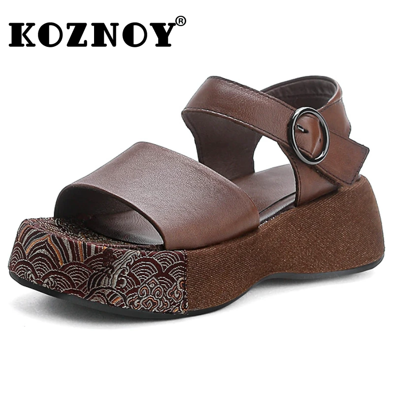 Koznoy 4.5cm Silk Cow Genuine Leather Woman Shoe Cow Skin Luxury Platform Wedge Sandals Summer Shoes Hook Pumps Casual Leisure