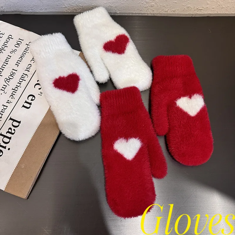 AliExpress NONE Thick Fleece Lined Winter Gloves Women Ins Trendy Korean Red Heart Design Faux Mink Fur Cycling Coldproof Mittens Student Gift