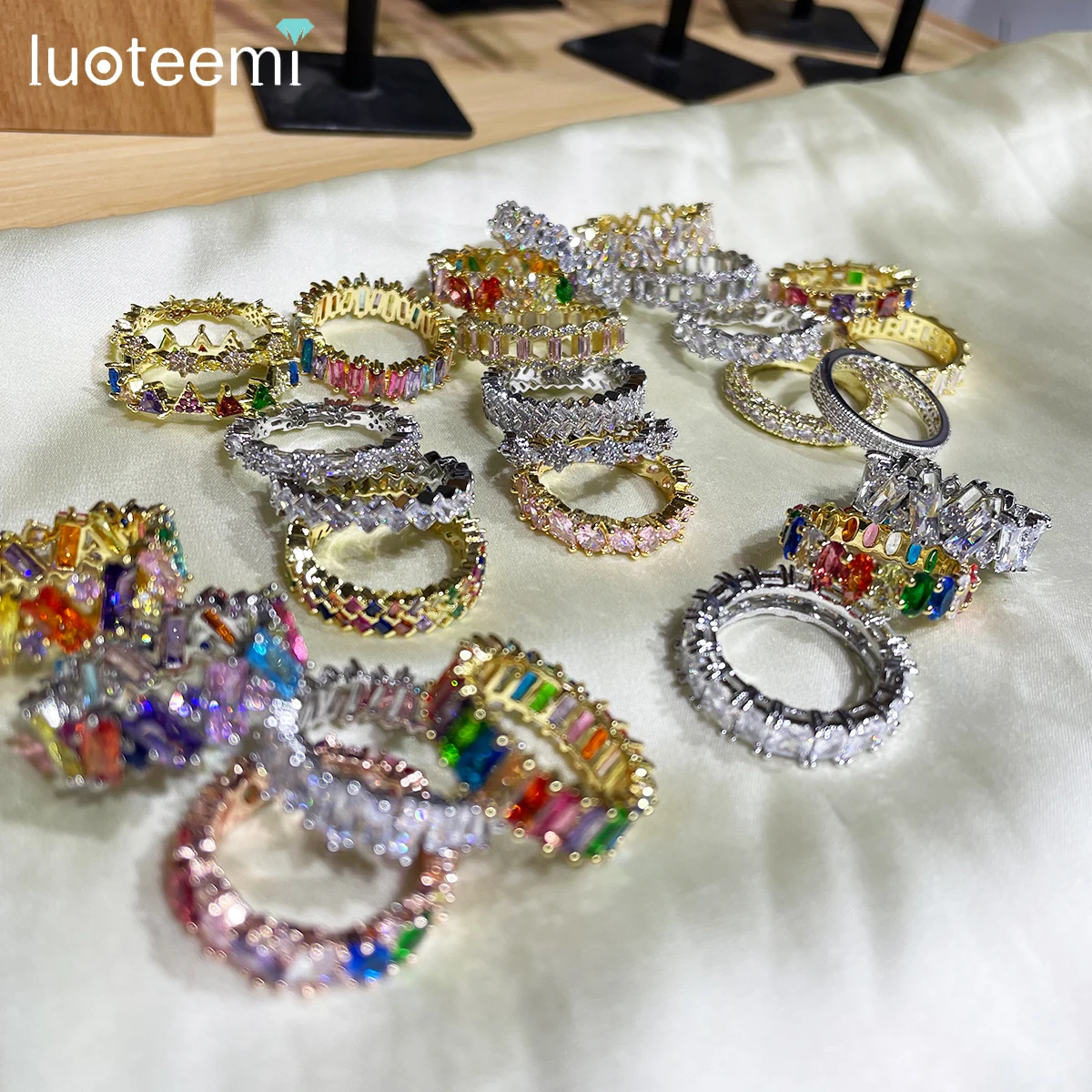 LUOTEEMI Colorful Simulated Gemstone Stone Wedding Engagement Rings for Women Fashion Gold Color Rainbow Zirconia Men Jewelry