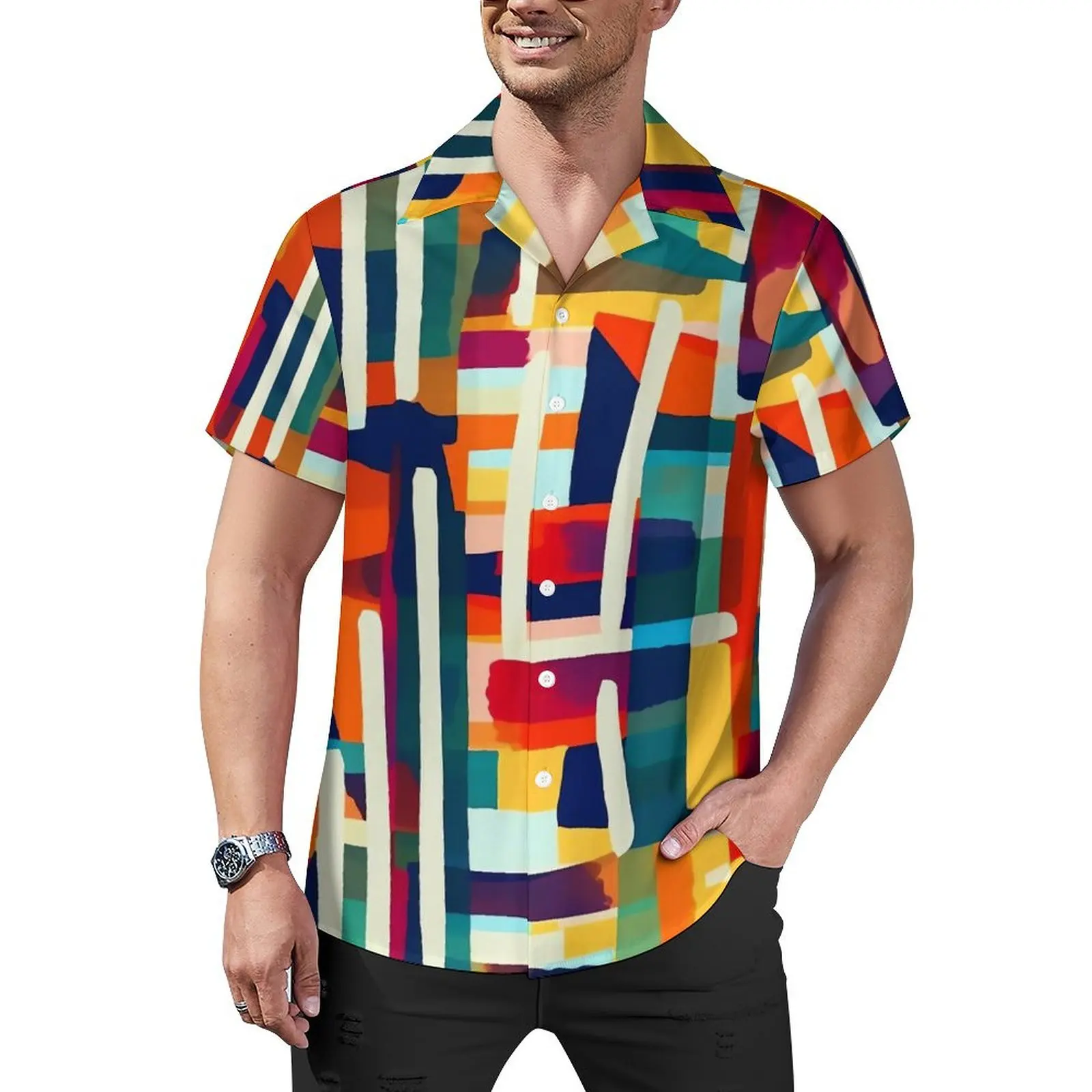 Chemise Hawaïenne à Manches Courtes pour Homme, Chemisiers à Brosses Colorées, Peinture Abstraite, Cool, Décontracté, Confortable