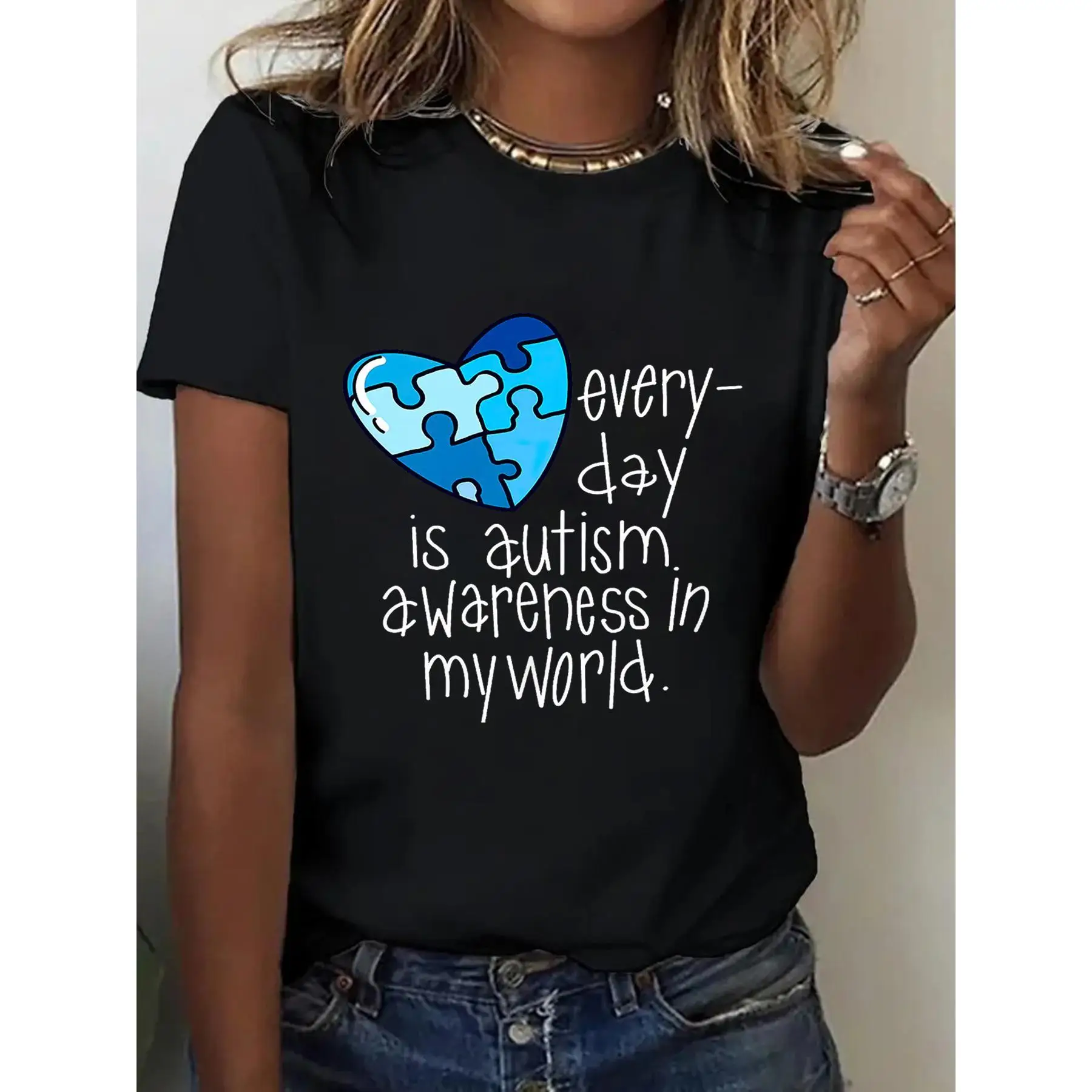 

Heart-Shaped Puzzle Pattern Printed T-Shirt, Spring And Summer Round Neck Short Sleeved Women'S T-Shirt, Pure Breathable Casual