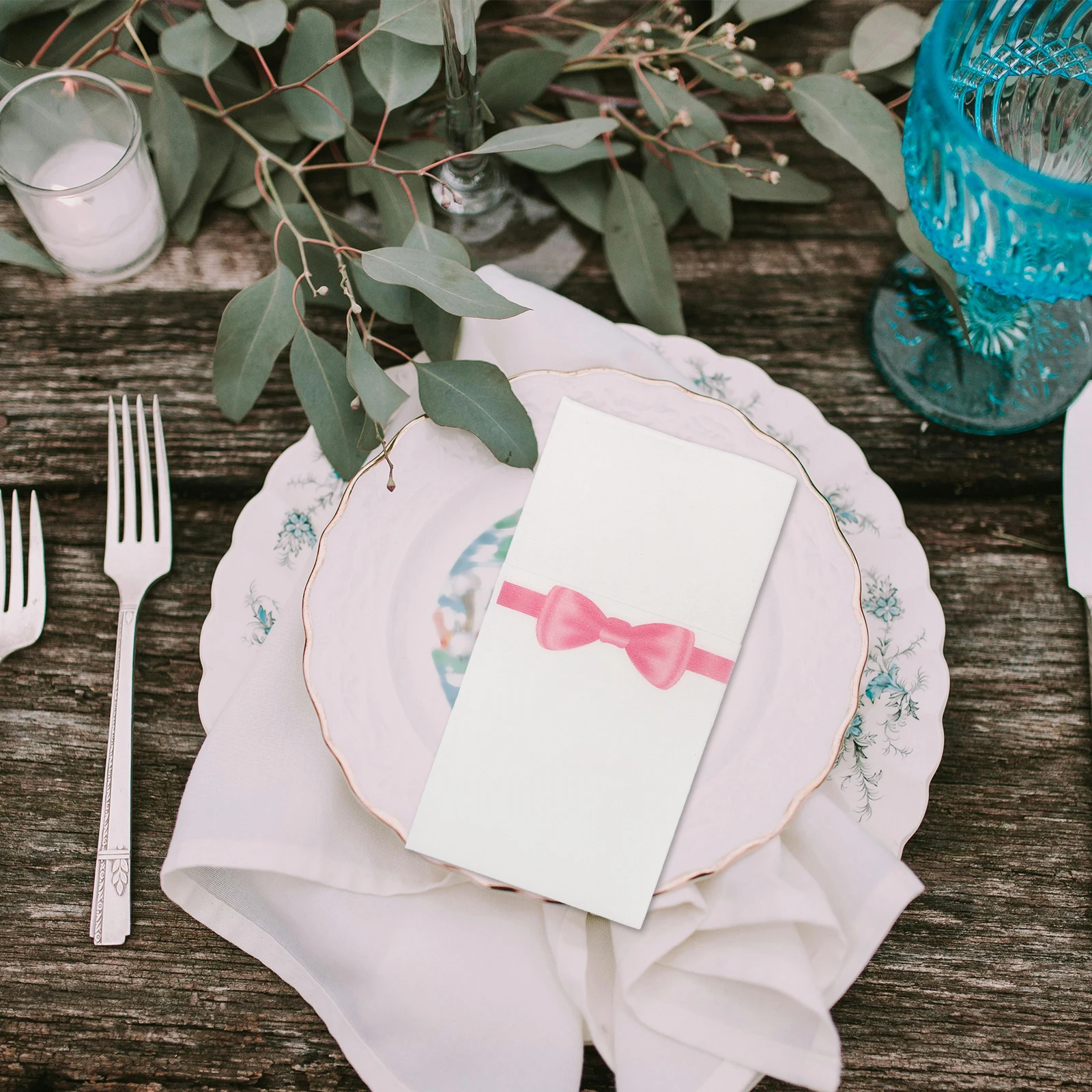 

50pcs Disposable Knife Fork Pad Bow Print Napkins 40x40cm Deep Tableware Protection Guest Hand Towels Bathroom Paper