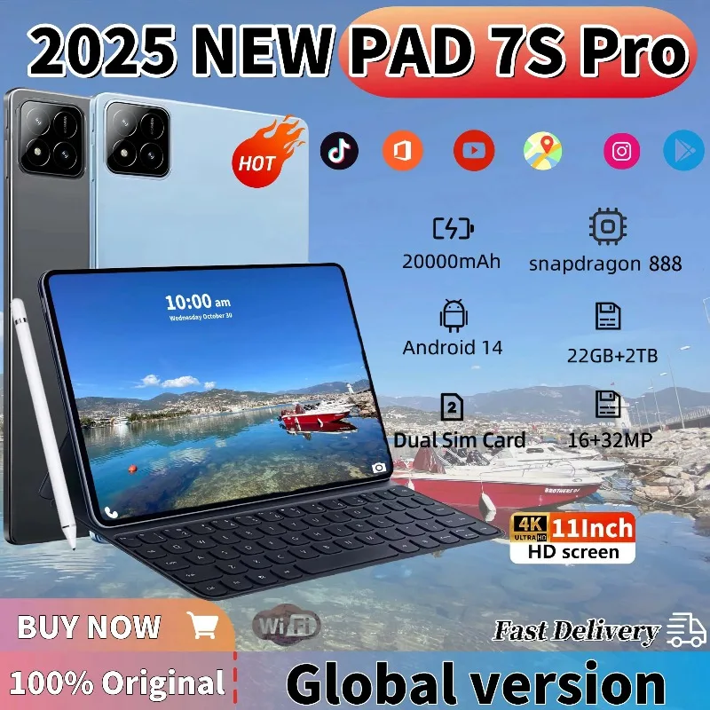 

2025 новейший оригинальный 11-дюймовый планшет PAD 7S Pro Android 14 Snapdragon 8gen2 20000 мАч HD 22 ГБ + 2 ТБ 5G Dual SIM Wi-Fi планшетный ПК