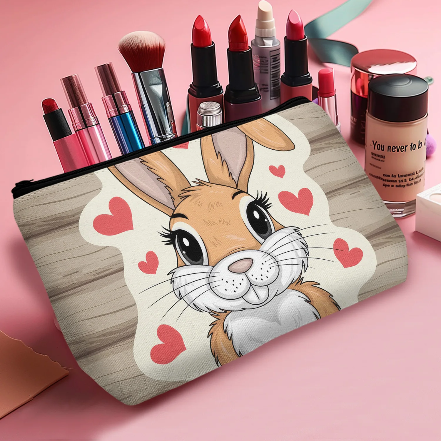 1Pc Rustic Bunny And Strawberry Print Makeup Bag Lightweight Zippered Cosmetic Pouch Sweet Cute Style Gift For Women