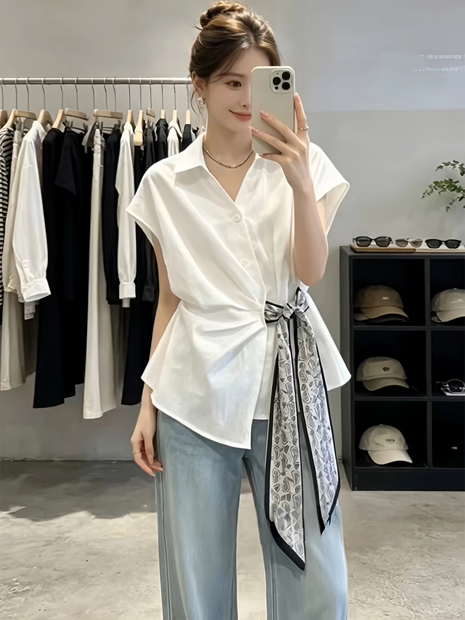 

Elegant White Short Sleeve Shirt with Silk Scarf Waist Cinching Design for Women Casual Style Summer Top Collar Shirt