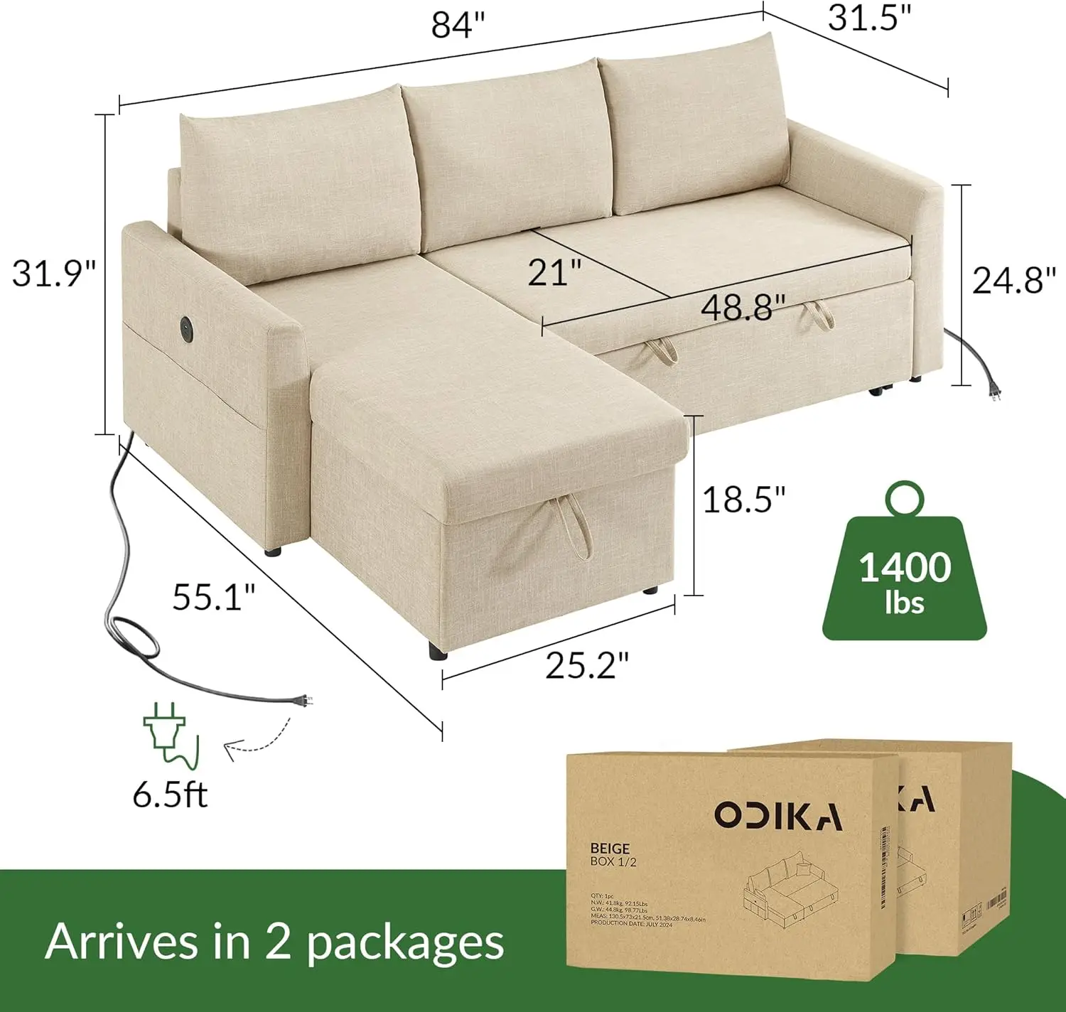 Shaped Convertible Sleeper Sofa Bed, 84