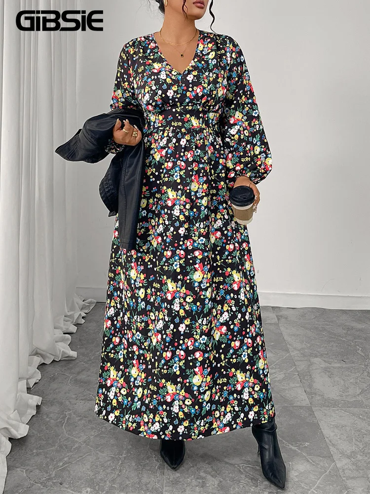 

GIBSIE Свободное платье больших размеров с цветочным принтом и v-образным вырезом, с высокой талией, женские осенние платья макси-трапеции с рукавами-фонариками для отпуска 2023 г.