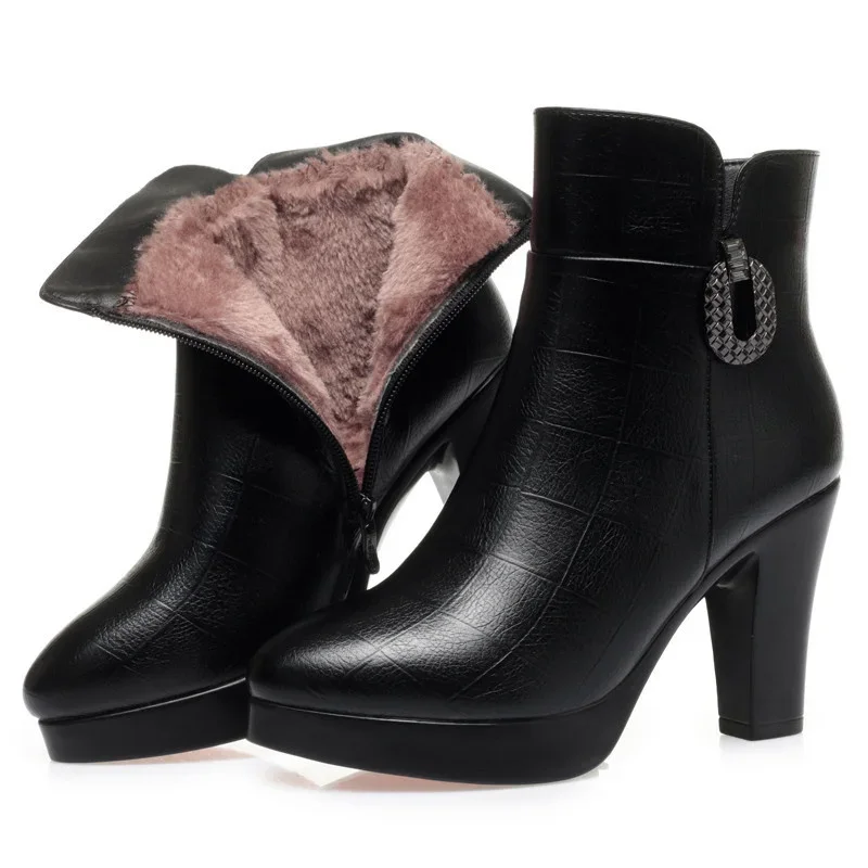 

Chunky Heel Platform Women Cotton Shoes Soft Leather Winter Warm Thick Plush Anti-slip Simple Fashion High Heel Snow Boots