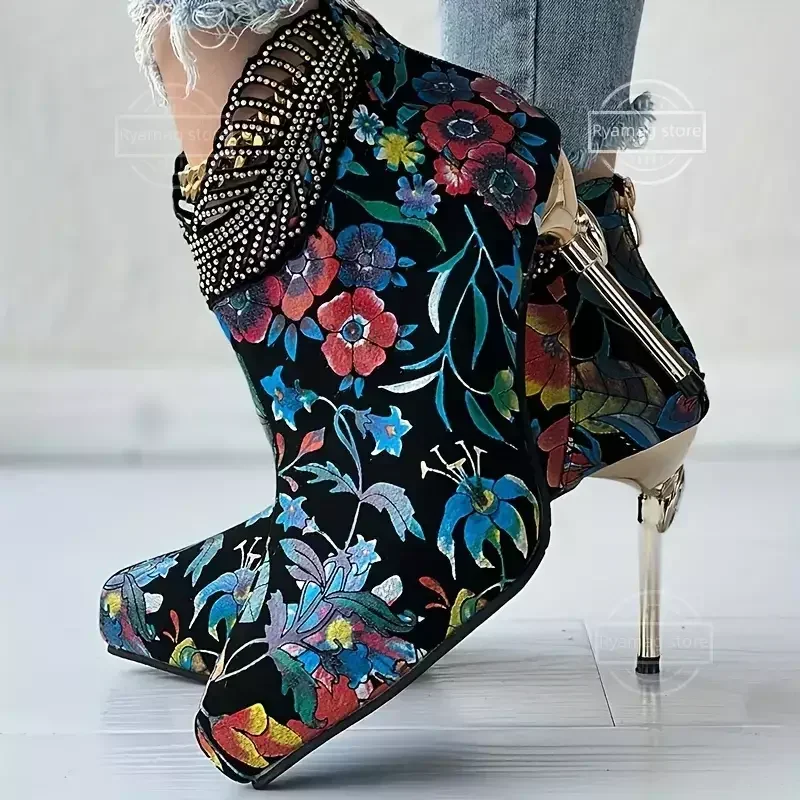 Botas con estampado Floral para Mujer, Zapatos De tacón alto fino con diamantes De imitación y cremallera trasera, bordados