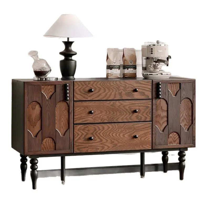 

French retro solid wood dining side cabinet Internet celebrity cabinet integrated living room medieval storage