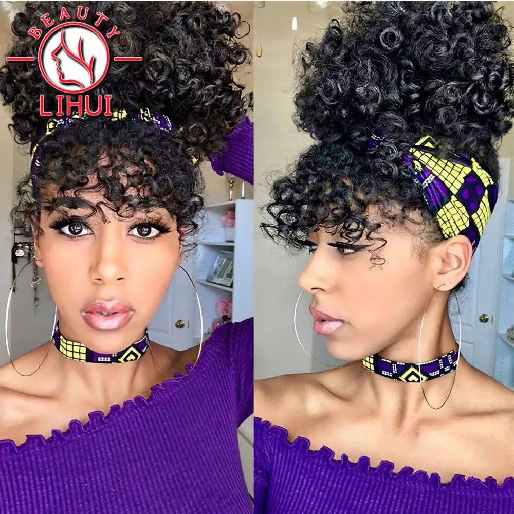 Synthetic Hair Extensions Afro Puff Drawstring Hair Bun Curly Bangs Clip Hair Bangs Chignon Ponytail Hairpieces Coily Fringe