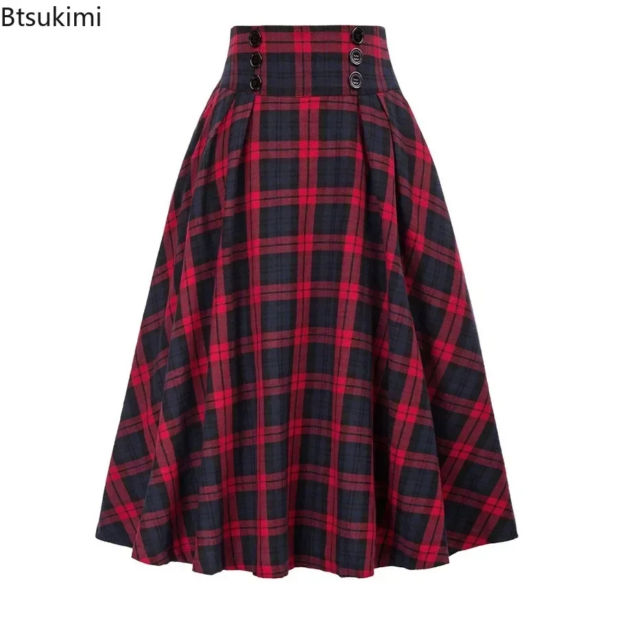 2026 Women's Casual Pleated Plaid Skirt Autumn Winter High Waist Korean Style Preppy Midi Skirts Button Decoration Female Skirt