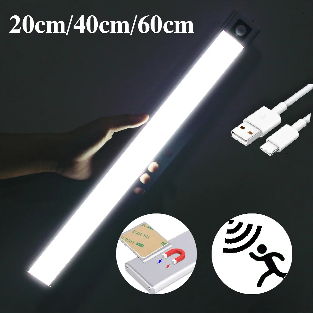 20/40/60cm LED USB Kitchen Closet Wardrobe Cabinet Lamp Ultra Thin Rechargeable PIR Motion Sensor Cabinet Aluminum Night Light