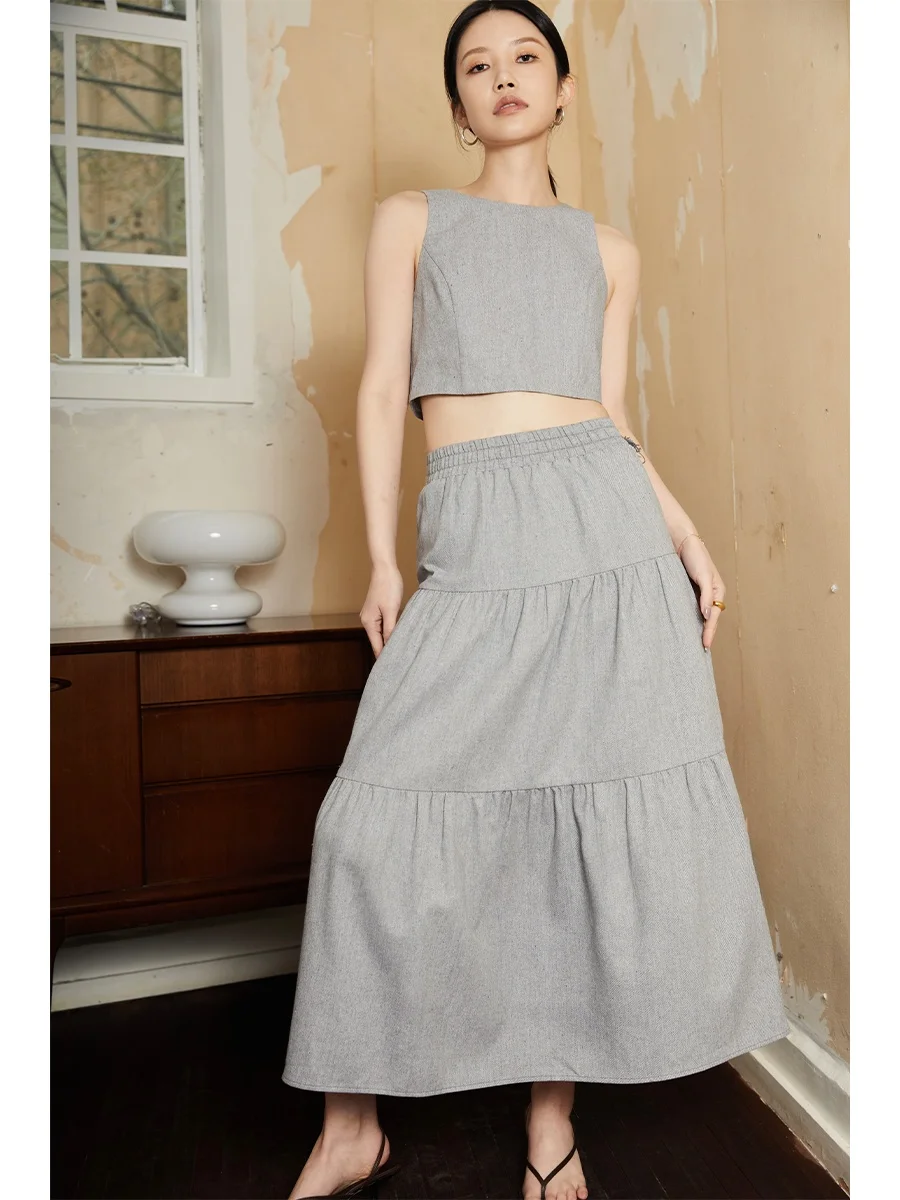 

JessXu Romantic Imagination Linen Cotton Slimming Elastic Waist Denim Set Long Cake Half Skirt Vest Summer 2023 Women's Wear
