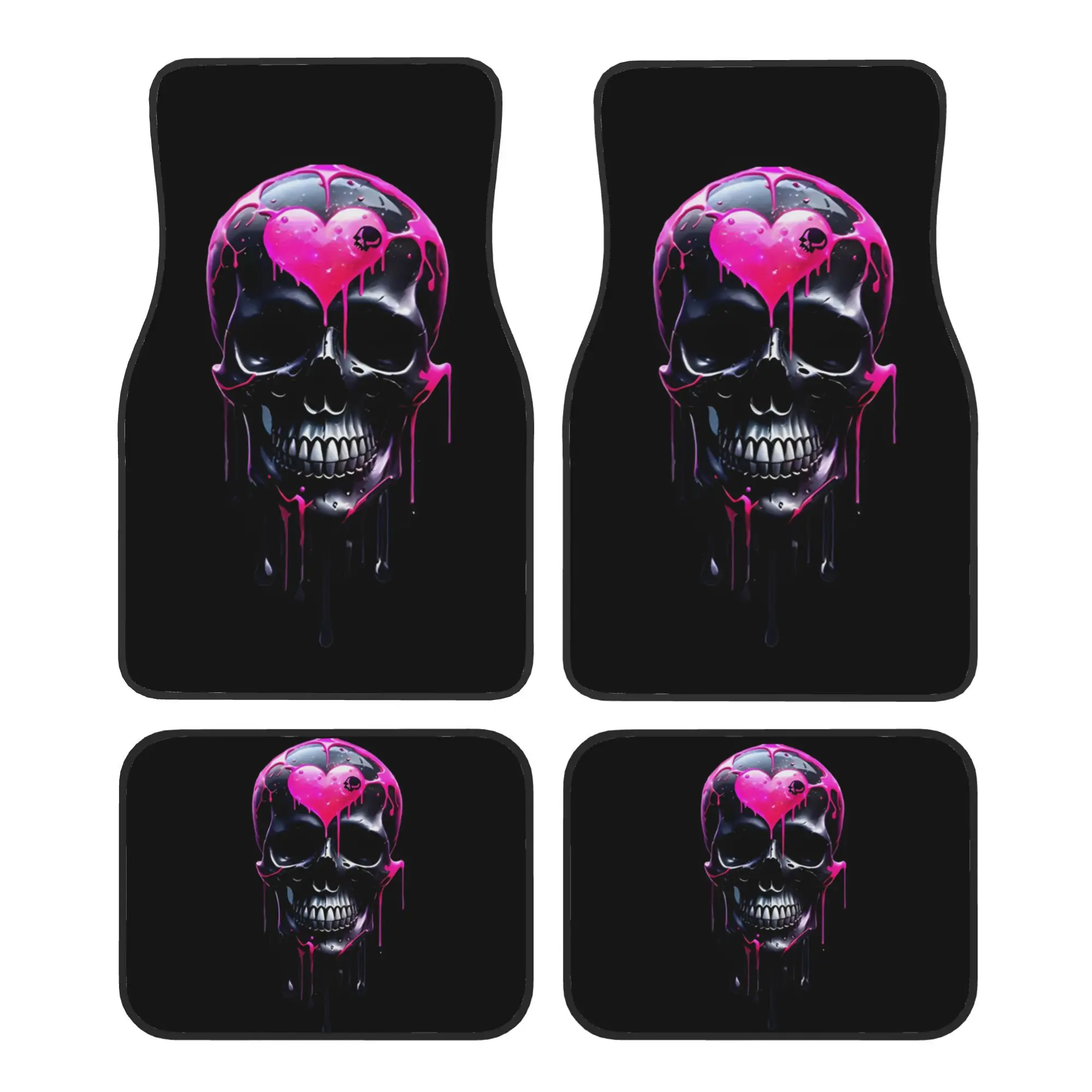 Set of 4 Pink Heart Skull Car Mats - Easy to Clean Interior Add-Ons | Fits Most