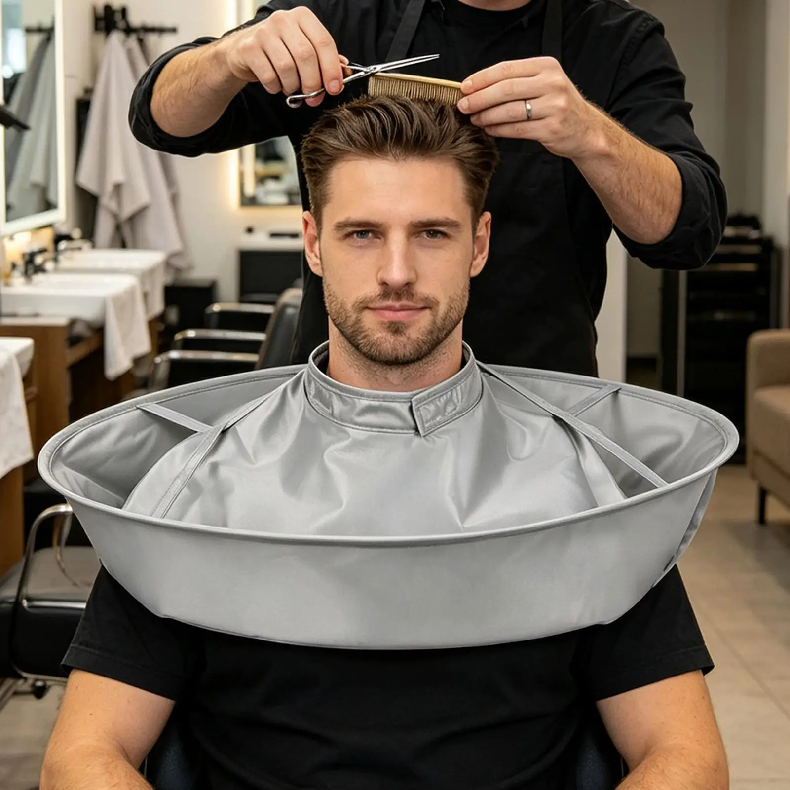 3D Breathable Hair Cutting Cape Built-In Hair Catcher Gr&oove Durable Barber Cape For Home Outdoor Haircut Keeps Clothes & Floor